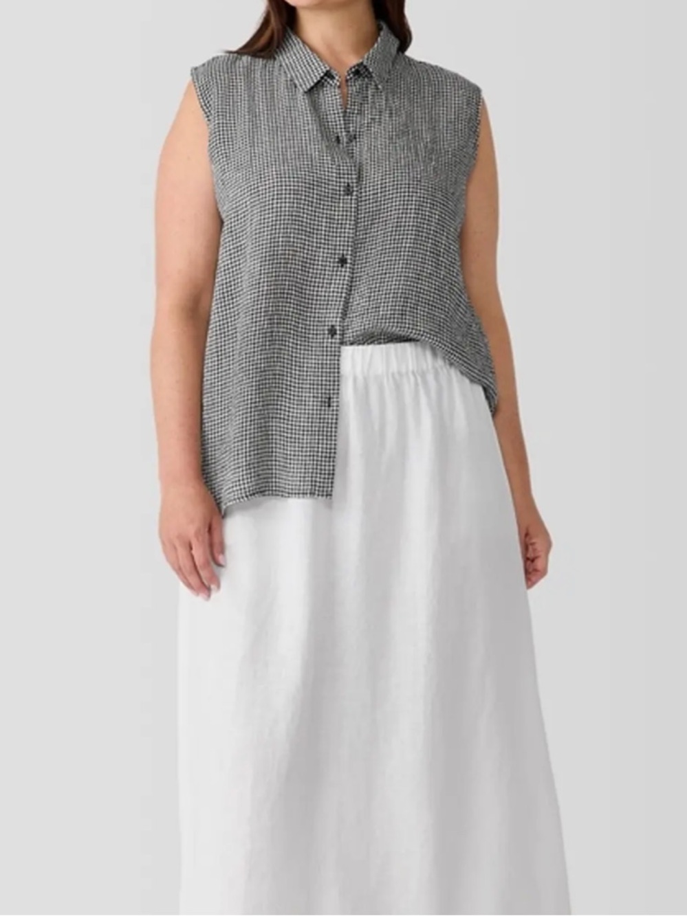 Eileen Fisher B&W Gingham Sleeveless Button-Down Tank 100% Organic Linen - Picture 3 of 8